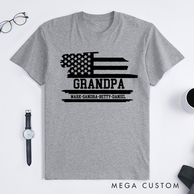 Personalized Grandpa Flag T-Shirt with Grandkids Names Gift for Grandfather Father's Day Birthday Comfortable Cotton Shirt for Men