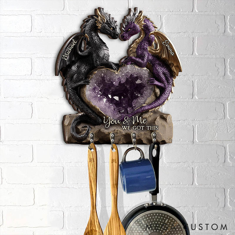 Personalized Retro Dragon Couple You and Me We Got This Wooden Key Holder Custom Shaped Graphic 3D Printed Key Hanger Anniversary Valentine's Day Gift