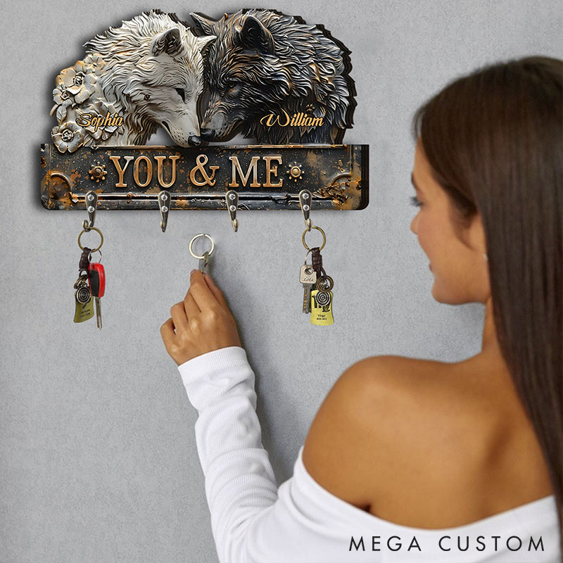 Personalized Retro Wolf Couple You and Me We Got This Wooden Key Holder Custom Shaped Graphic 3D Printed Key Hanger Anniversary Valentine's Day Gift