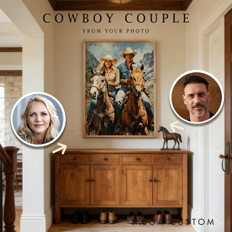 Personalized Custom Cowboy Couple Portrait Western Art from Photo for Riding Lovers