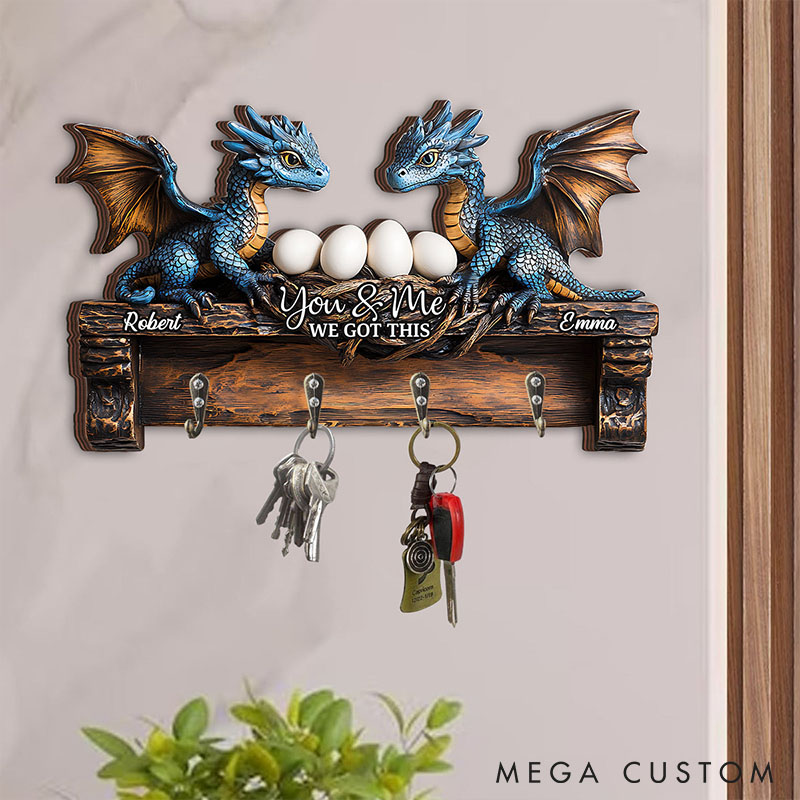 Personalized Dragon Couple with Eggs You and Me We Got This Wooden Key Holder Custom Shaped Graphic 3D Printed Key Hanger Valentine's Day Gift