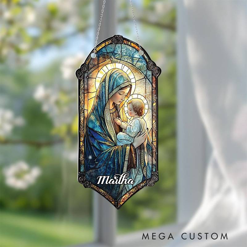 Personalized Virgin Mary and Baby Jesus Suncatcher with Custom Name Religious Virgin Mary Window Decor Religious Gift Catholic Gift for Her