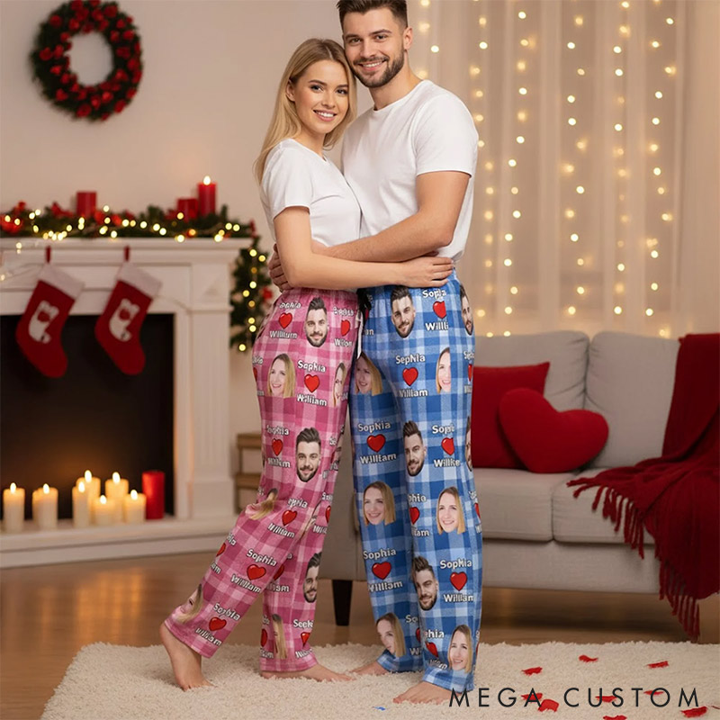 Personalized Valentine's Day Couple Faces Photo Matching Pajama Pants Custom Man Woman Photo Portrait Soft Pjs Bottoms Anniversary Gift for Him Her