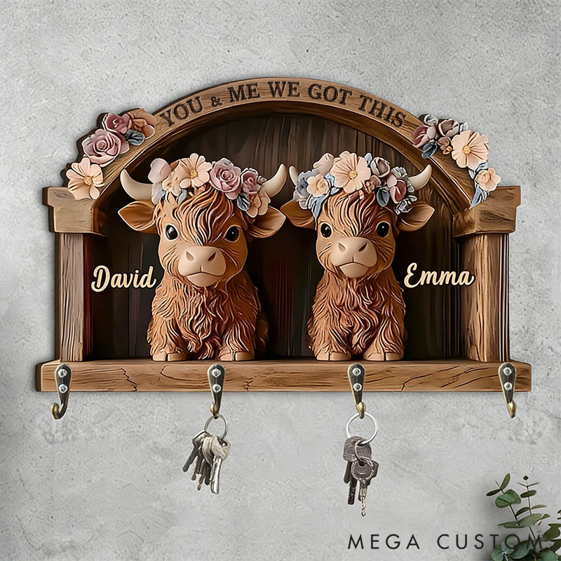 Personalized Floral Highland Cow Couple You and Me We Got This Wooden Key Holder Custom Shaped Graphic 3D Printed Key Hanger Valentines Day Gift