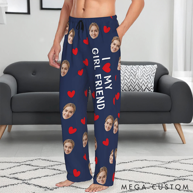 Personalized Valentine's Day Couple Faces Photo Matching Pajama Pants Custom Man Woman Photo Portrait Soft Pjs Bottoms Anniversary Gift for Him Her