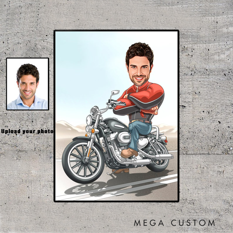 Personalized Biker Gifts Custom Motorcycle Cartoon Portrait from Photo Funny Rider Digital Poster Birthday Gift for Him