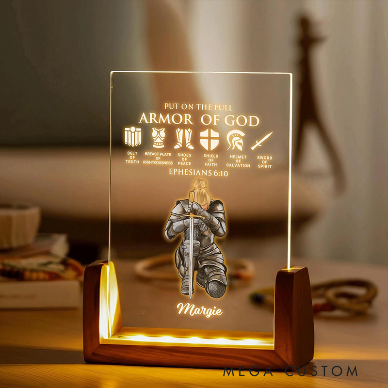 Personalized Put the Full Armor of God Wooden Base LED Night Light with Custom Name Religious Gift Prayer Best Gift for her