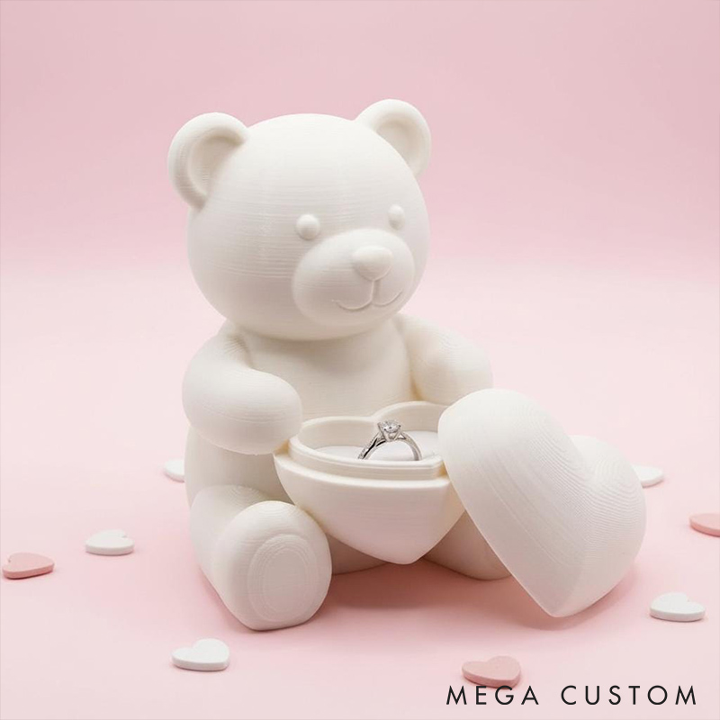 Personalized Couple White Teddy Bear Heart Ring Holder Custom Engagement 3D Printed Bear Ring Box for Newlyweds Valentines Day Gift for Him Her