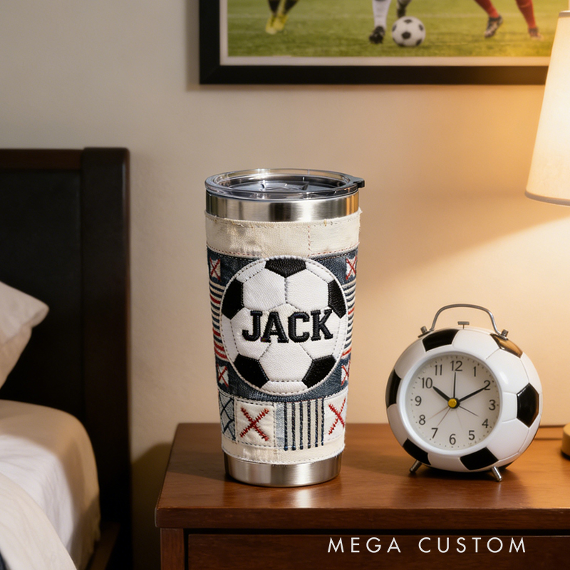 Personalized Custom Soccer Ball Embroidered Insulated Tumbler – Personalized Stainless Steel Cup for Soccer Fans