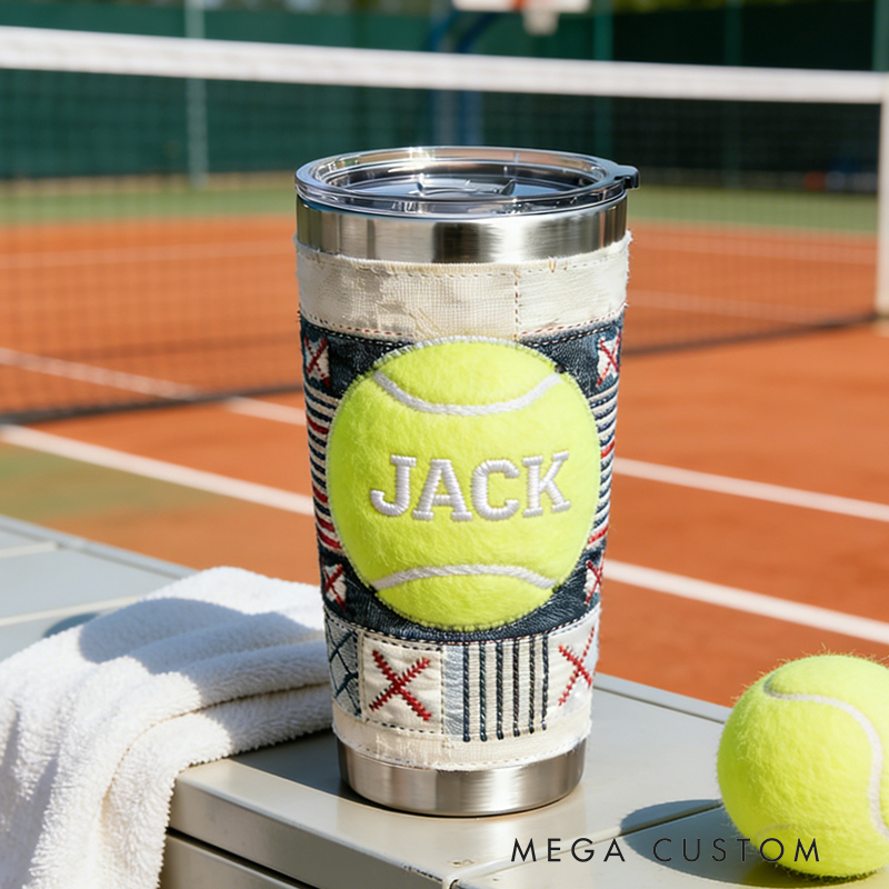 Personalized Tennis Ball Embroidered Stainless Steel Tumbler – Custom Name Insulated Cup for Tennis Enthusiasts