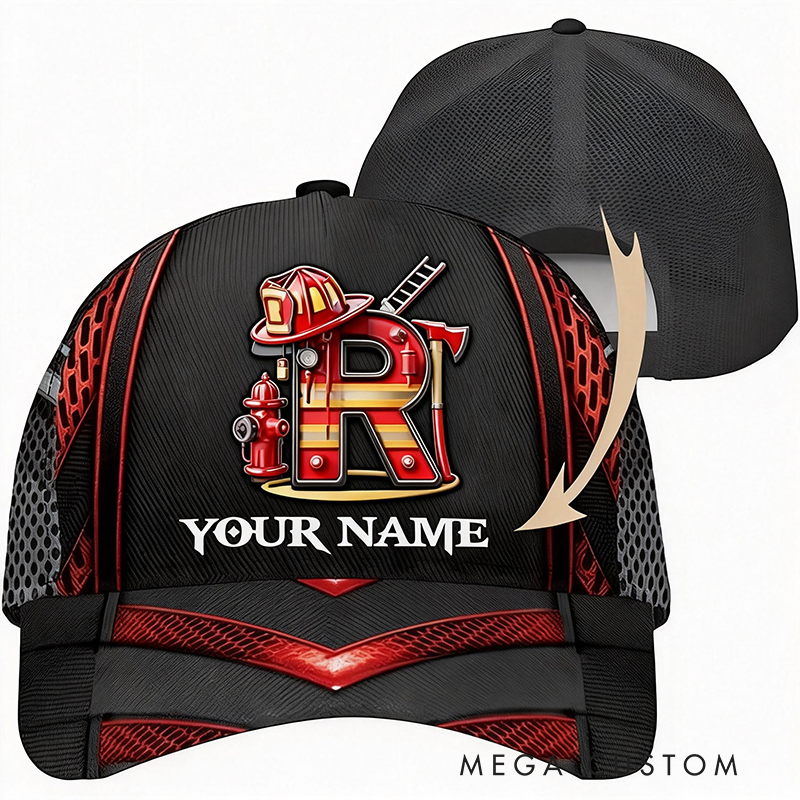 Personalized Firefighter Gifts Custom Name and Initial Alphabet Full Print Cap Firefighter Themed Hat for Man