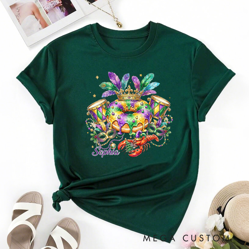 Personalized Mardi Gras King Cake Classic T-shirts Louisiana Carnival Graphic Tee with Name Fat Tuesday Festival Top for Donut Lover Baker Baking Lover