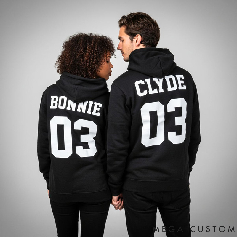 Personalized Couple Bonnie and Clyde 03 Matching Hoodie Custom Couple Sweatshirt with Name and Number Anniversary Valentine's Day Gift for Him Her