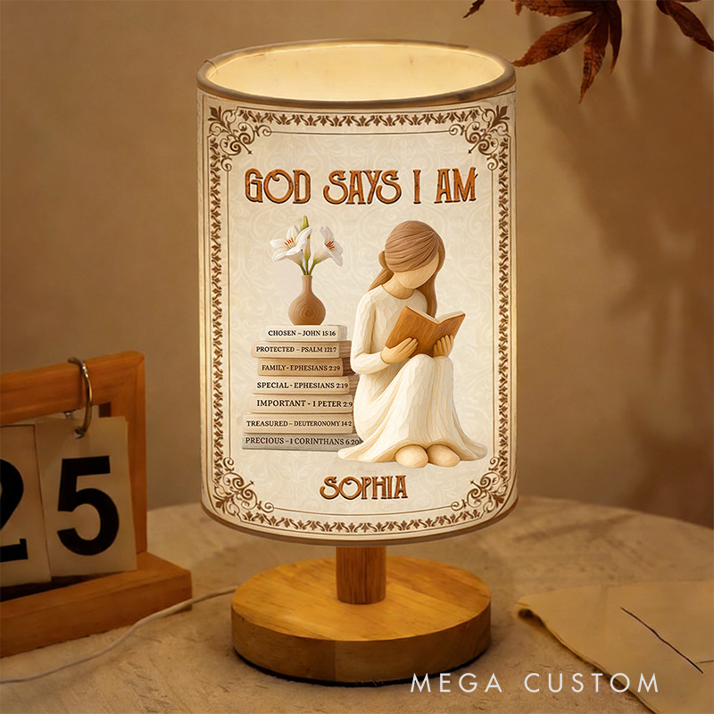 Personalized God Says i am Fabric Lamp with Custom Name Religious Home Decor Table Lamp Christan Gift for Women and Girls