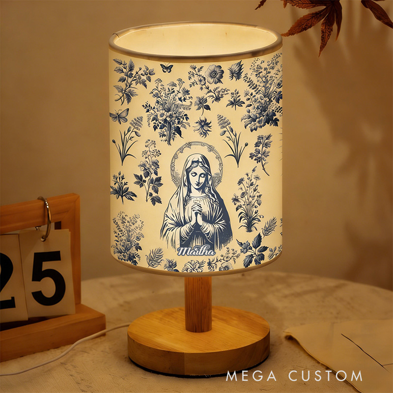 Personalized Catholic Virgin Mary Toile Fabric Lamp with Custom Name Our Lady Vintage Floral Home Decor Table Lamp Catholic Gift for her