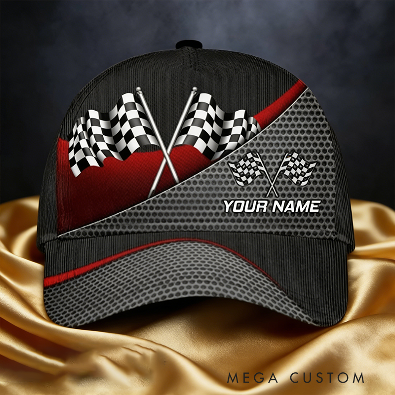 Personalized Racing Gifts Custom Name Full Print Checkered Flag Cap Racer Baseball Hat Motorsport Gift for Racing Lovers Men and Women