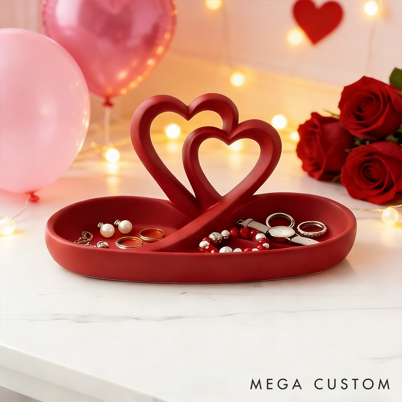 Personalized Heart-Shaped Jewelry Tray Custom 3D Printed Red Double Heart Jewelry Tray Infinity Hearts Jewelry Holder Valentines Day Decor