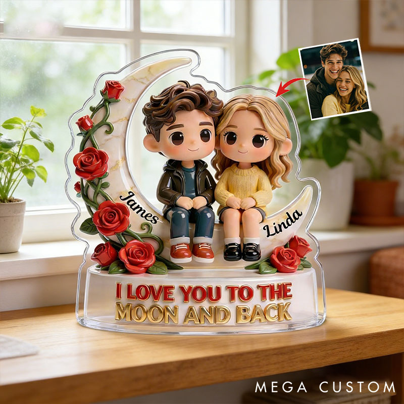 Personalized Couple Custom Shaped Acrylic Plaque I Love You To The Moon And Back Custom 2D Flat Acrylic with Couple Photo Anniversary Gift