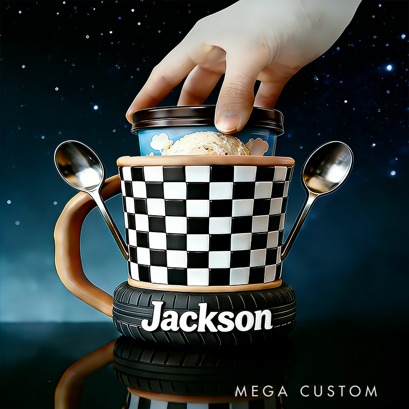 Personalized Ice Cream Lover Gifts Custom Name Checkered Pattern Ice Cream Pint Holder Racing Style Cup Holder for Dessert Fans