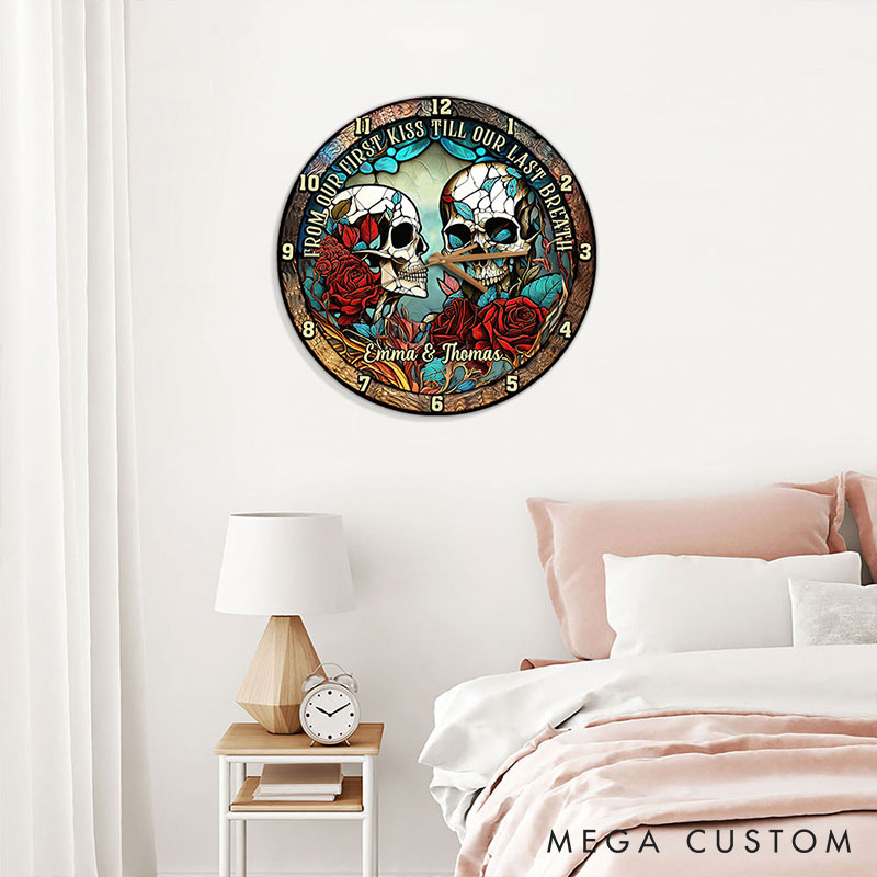 Personalized Skeleton Couple From Our First Kiss Till Our Last Breath Wall Clock Custom Retro Gothic Graphic 3D Printed Wall Clock Valentines Day Gift