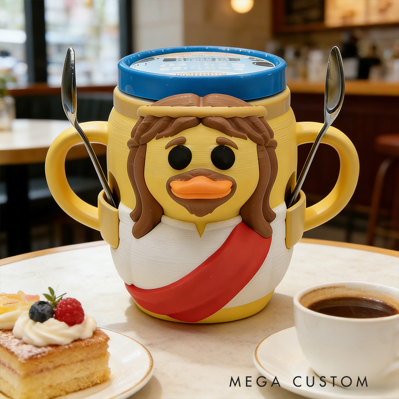 Personalized Jesus Duck Ice Cream Cozy Pint Holder 3D Printed with Spoon Slots Religious Gift for Jesus Lover Ice Cream Lover