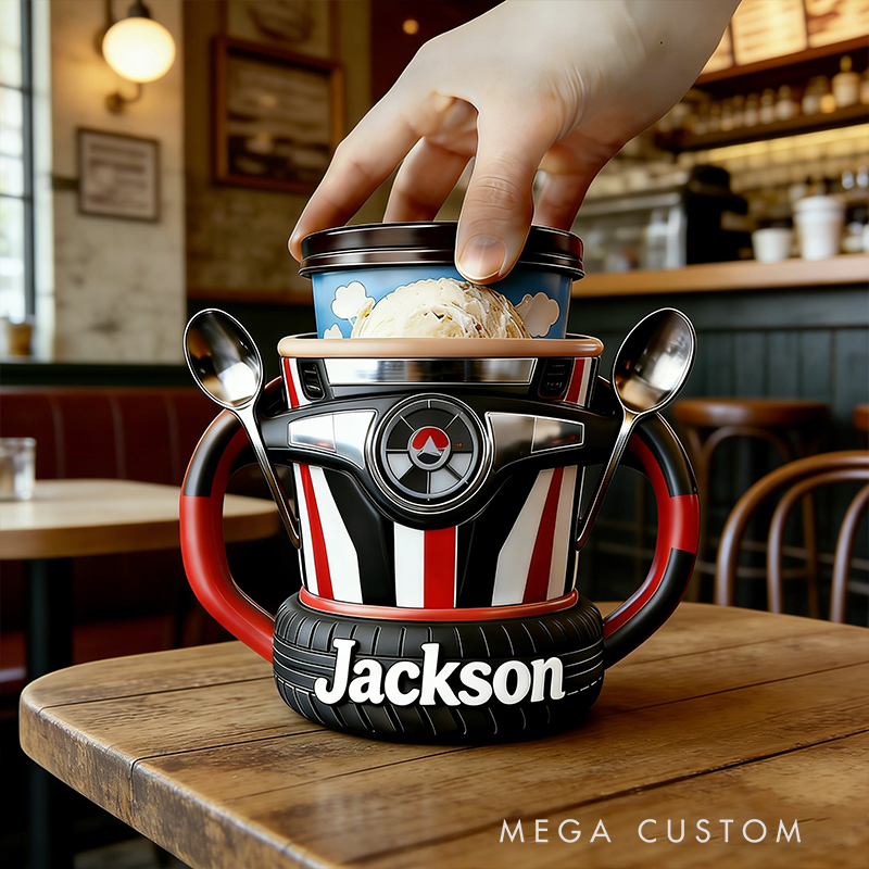 Personalized Racing Gifts Custom Name Ice Cream Pint Holder Racing Theme Dessert Cup Holder for Car Lovers and Ice Cream Fans