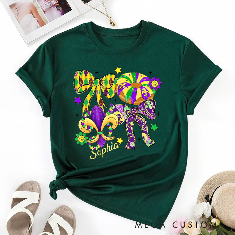 Personalized Mardi Gras Coquette Classic T-Shirts Preppy Bow King Cake Coquette Tee with Name Shirt for Donut Lover Baker Baking Lover