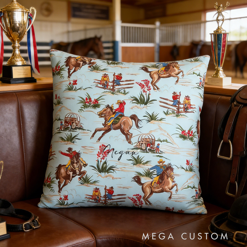 Personalized Equestrian Throw Pillow Wild West Cowboy Pillow Cover Bucking Broncs Cactus Wagon for Riding Lovers Equestrian Lovers