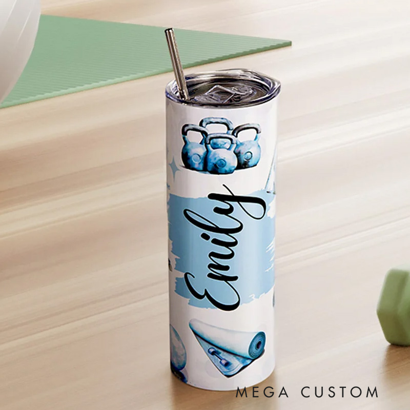 Personalized Watercolor Fitness Equipment Why You Started Skinny Tumbler with Lid Straw Motivational Birthday Gift for Workout Coach Gym Lover