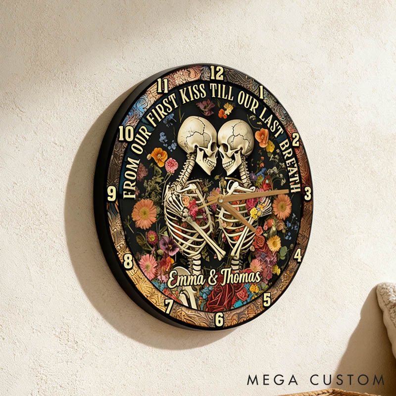 Personalized Skeleton Couple From Our First Kiss Till Our Last Breath Wall Clock Custom Gothic Retro Graphic 3D Printed Wall Clock Valentines Day Gift