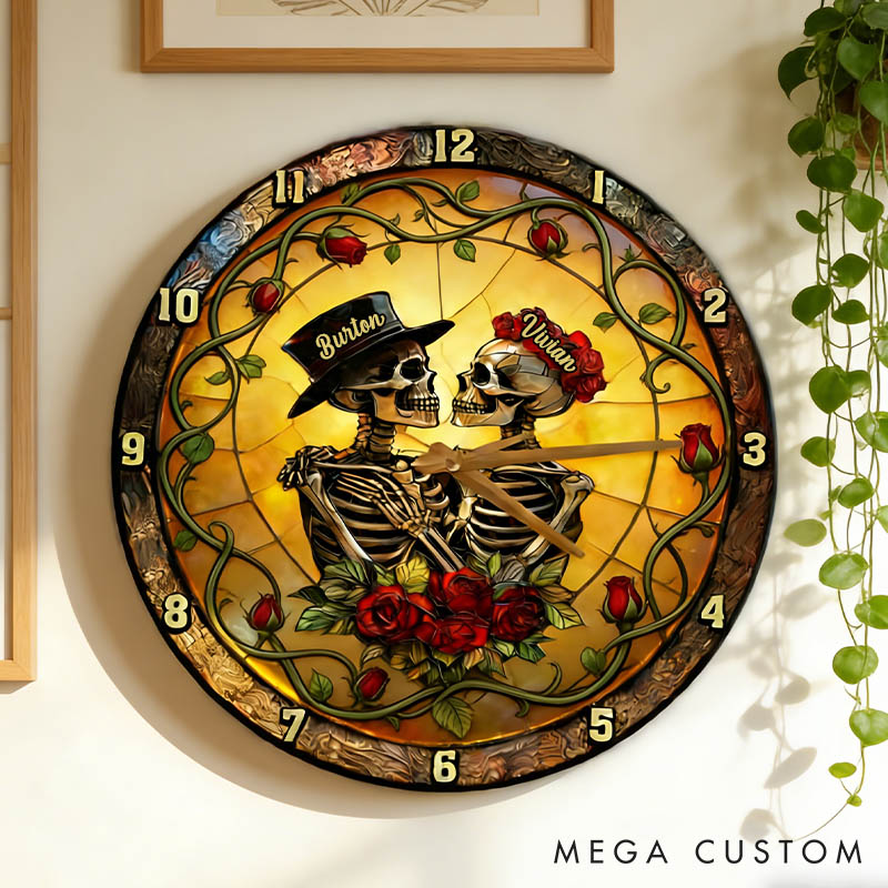 Personalized Skeleton Couple From Our First Kiss Till Our Last Breath Wall Clock Custom Gothic Rose Graphic 3D Printed Wall Clock Valentines Day Gift