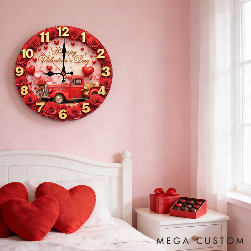 Personalized Couple Happy Valentine's Day Wall Clock Custom Vintage Red Truck with Rose and Bear Graphic 3D Printed Wall Clock Valentines Day Gift