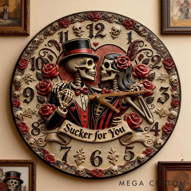 Personalized Skeleton Couple Sucker for You Wall Clock Custom Gothic Rose Graphic 3D Printed Wall Clock Anniversary Valentines Day Gift for Him Her