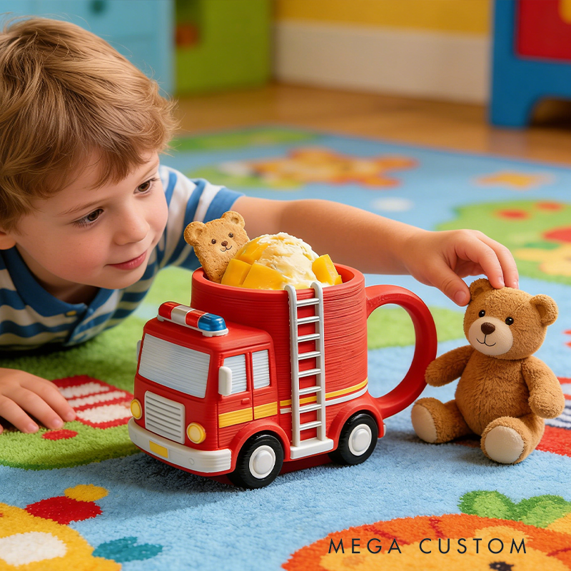 Personalized Fire Truck Ice Cream Cup Holder 3D Printed Slot Design Heartwarming Children's Birthday Gift