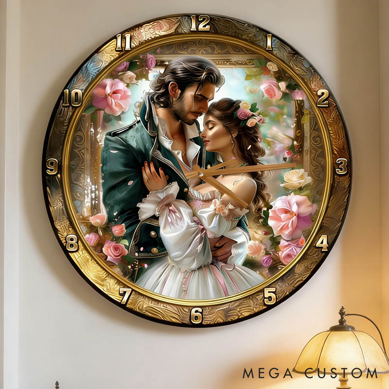 Personalized Couple Photo Romantic Floral Wall Clock Custom Court Style Watercolor Floral 3D Effect Wall Clock Anniversary Valentines Day Gift