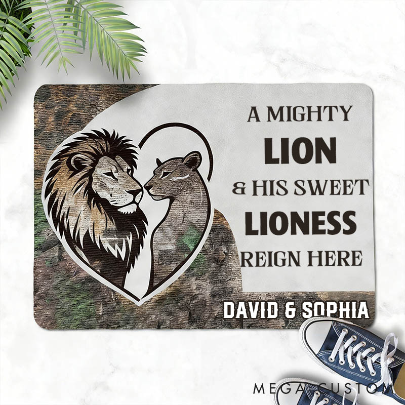 Personalized Lion Couple Doormat A Mighty Lion and His Sweet Lioness Door Mat Custom Couple Lion Home Decor Anniversary Gift