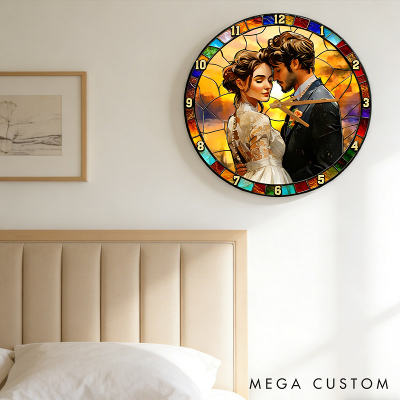 Personalized Couple Photo Stained Glass Design Wall Clock Custom Watercolor 3D Effect Wall Clock with Couple Photo Anniversary Valentines Day Gift