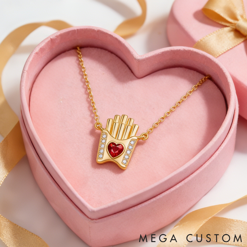 Personalized Fun Sterling Silver French Fries Pendant Necklace with Custom Birthstone