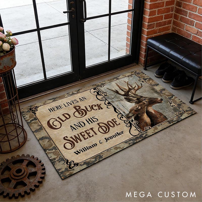 Personalized Deer Here Lives Old Buck Sweet Doe Doormat Custom Rustic Deer Couple Doormat Couple Holiday Anniversary Gift