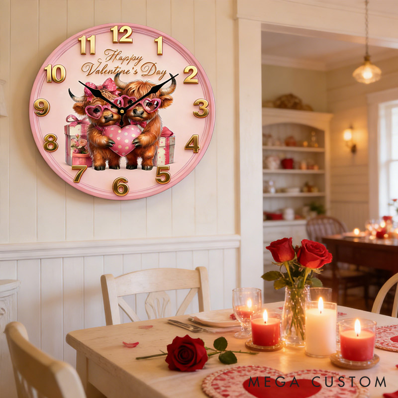 Personalized Highland Cow Couple Happy Valentine's Day Wall Clock Custom Pink Highland Cow Holding Heart 3D Effect Wall Clock Valentines Day Gift