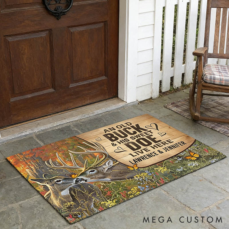 Personalized Rustic Deer Couple Doormat An Old Buck and His Sweet Doe Live Here Couple Anniversary Valentines Gift