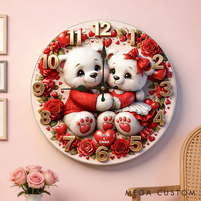 Personalized Bear Couple Happy Valentine's Day Wall Clock Custom Red Rose Bear with Heart 3D Effect Wall Clock Anniversary Valentines Day Gift