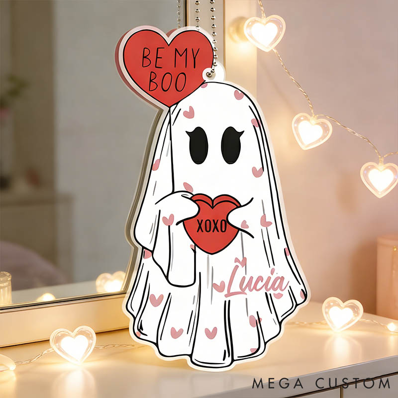 Personalized Couple Be My Boo Ghost Acrylic Ornament Custom Ghost Holding Hearts Car Ornament with Name Anniversary Valentine's Day Gift for Him Her