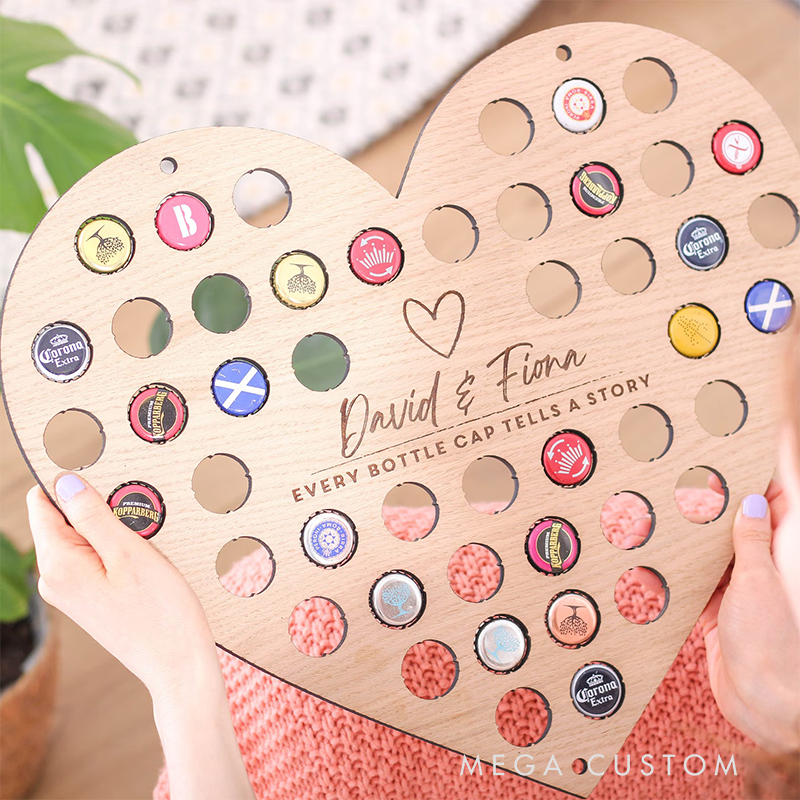 Personalized heart-shaped beer bottle cap display stand