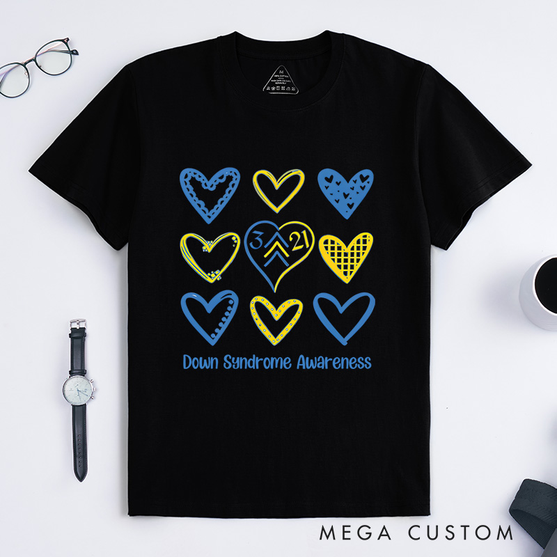 Personalized Down Syndrome Awareness Heart Pattern Support Inclusion Advocacy T-shirt