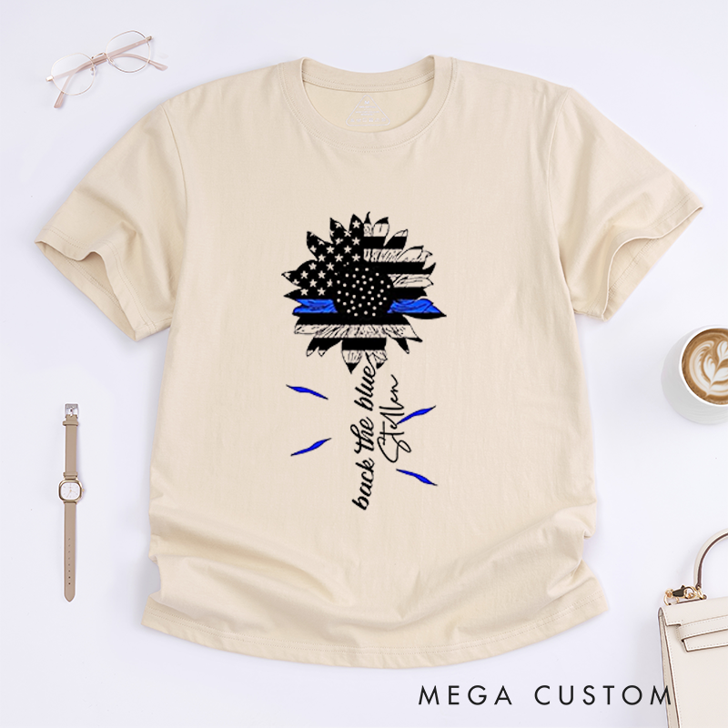 Personalized Back the Blue Sunflower American Flag Police Support Design Gift for Policewoman Police Officer T-Shirt