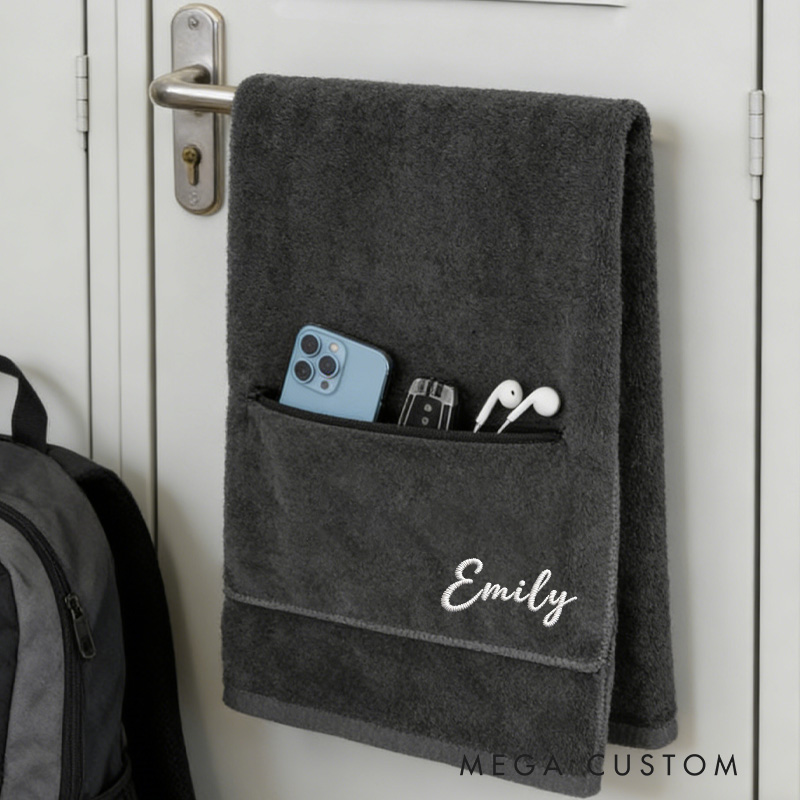 Personalized Gym Towel Embroidered Name Fitness Towel with Zipper Pocket Custom Sports Gift for Birthday for Gym Lovers