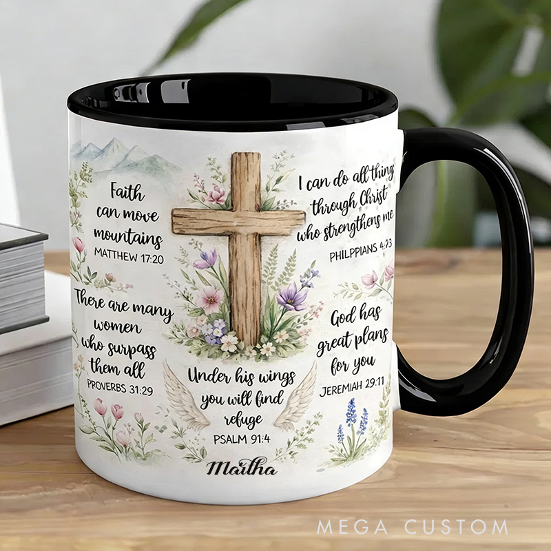 Personalized Floral Cross Bible Verse 11oz Ceramic Mug with Custom Name Religious Coffee Mug Christian Gift Faith Quote Gift