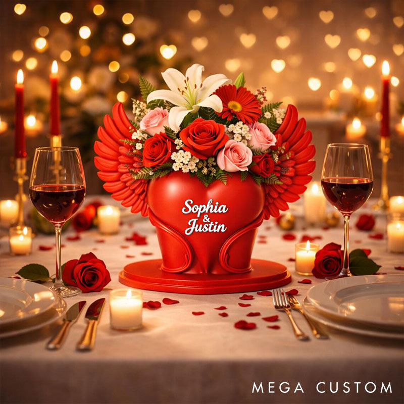 Personalized Valentine's Day Heart with Wings Flower Vase Custom Couple 3D Printed Red Heart Flower Vase with Text Valentine's Day Anniversary Gift