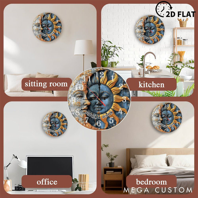 Personalized Couple Sun and Moon Wall Clock Custom Boho Style Graphic 3D Printed Wall Clock Anniversary Gift Valentines Day Gift for Him Her